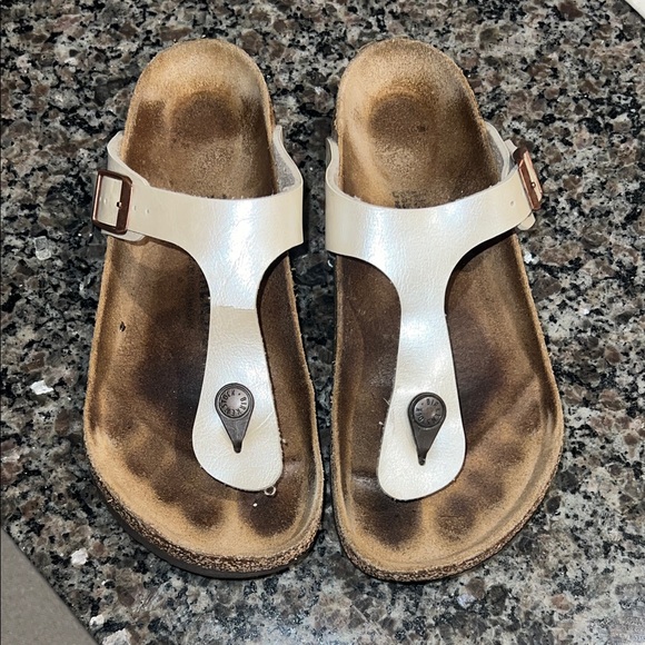 Birkenstock Shoes - Birkenstock Cream Leather T-Strap Sandals
